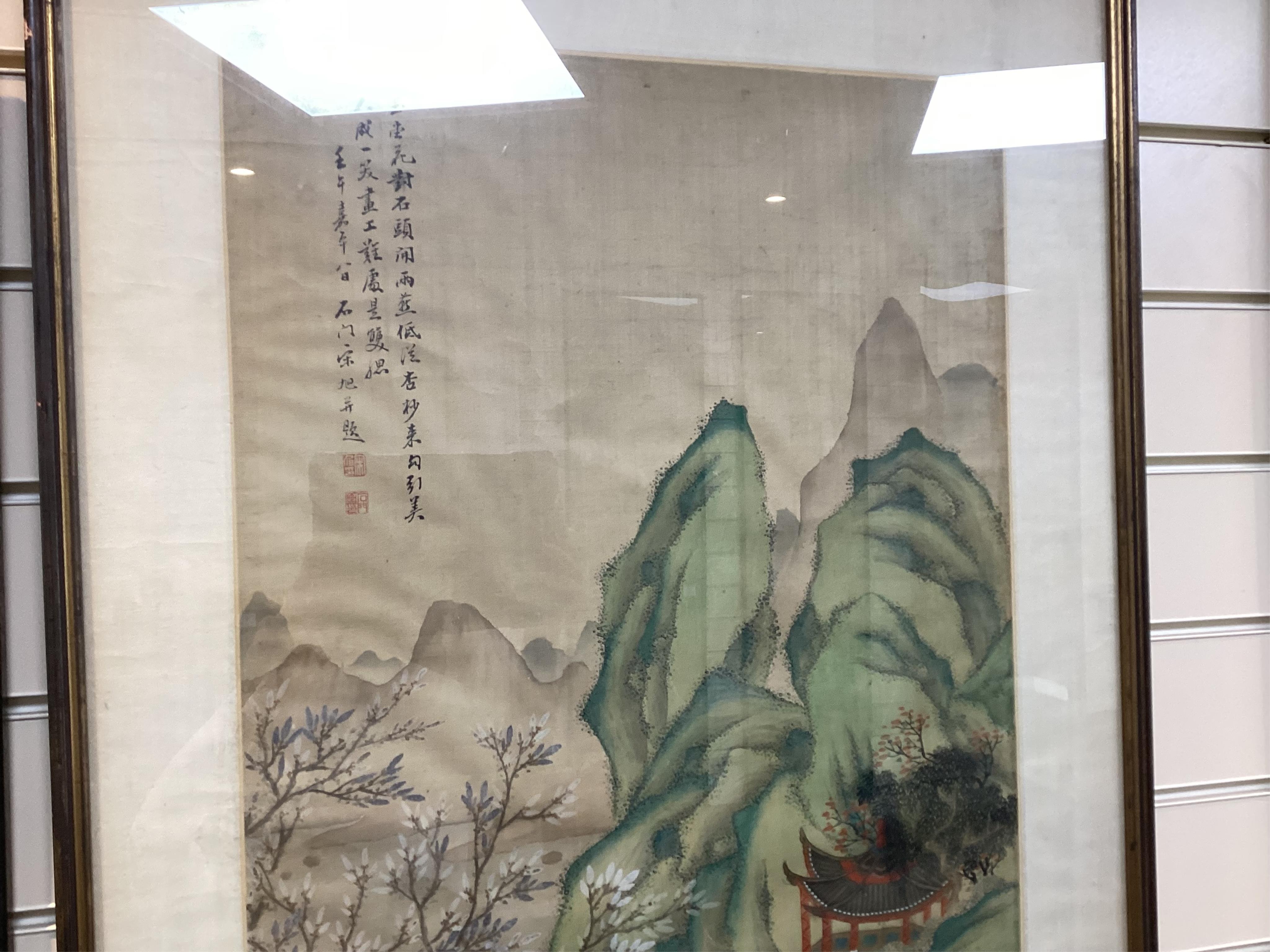 Chinese School , (late 19th century), Ladies in a garden, Ink and colour on silk, 107cm x 41cm, excluding brocade border